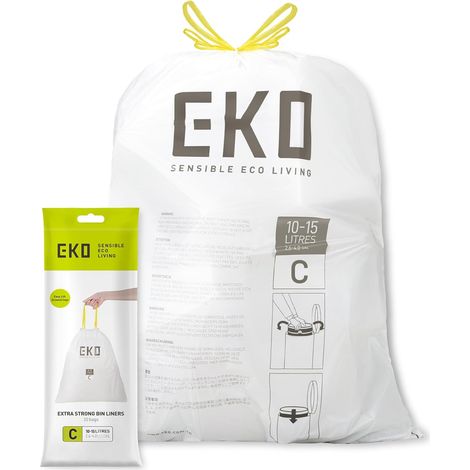 Lot de 20 sacs poubelle de cuisine avec cordon de serrage de 10 à 15 litres, résistants aux fuites et aux déchirures pour déchets et recyclage, sacs poubelle non parfumés, code C, blanc (1/4)
