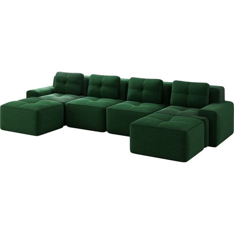 Divano modulare a U con chaise longue, 4 posti, in velluto a coste verde, senza montaggio (1/5)