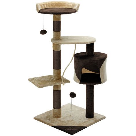 CADOCA® Arbre à Chat 112 cm tour poteaux en sisal à gratter 3 plateformes panoramiques grotte balles de jeu meuble Brun - beige (1/5)