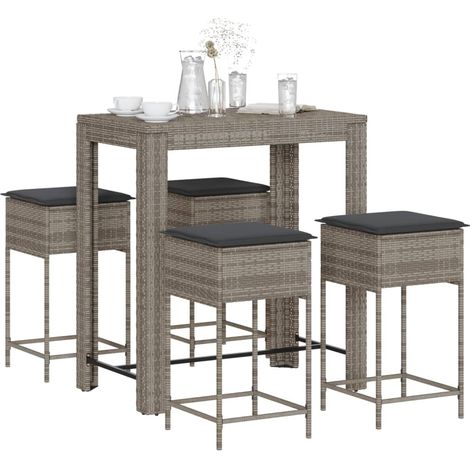 5-tlg. Gartenbar-Set mit Kissen Grau Poly Rattan