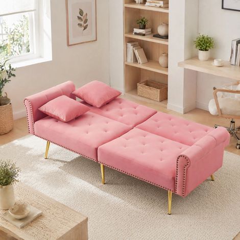 sofá cama 2 plazas convertible terciopelo rosa OKMYHOME (1/5)