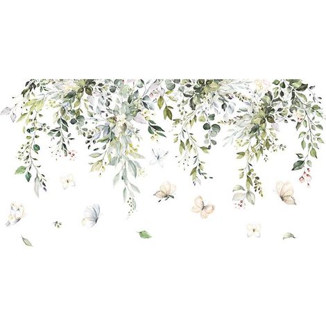 Stickers Muraux Plantes, Autocollant Mural Feuilles Vertes Papillons Fleurs, Stickers Mural Pendaison Vigne Auto-adhésif Décoration Murale pour Chambre Salon Bureau (1/5)