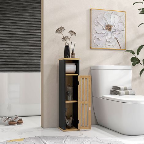 Badezimmerschrank mit Toilettenpapierhalter, Ablage mit abnehmbarer Stange, 2 Ablagen + Toilettenpapierspender, MDF/Bambus-Oberfläche (1/5)