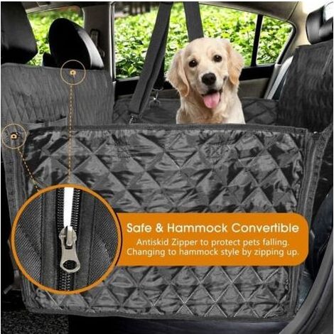 Housse de siège pour chien entièrement étanche pour voiture, dotée d'ailes latérales pour une protection maximale. Elle est de couleur noire et peut être transformée en hamac. (1/4)