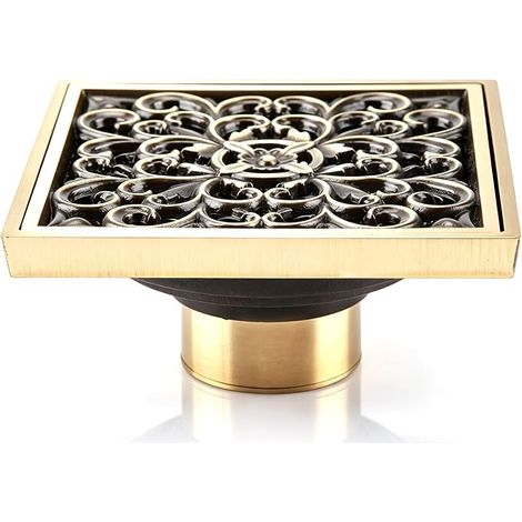 Square Shower Drain, 4 Inch Antique Brass Floor Drain (1/5)