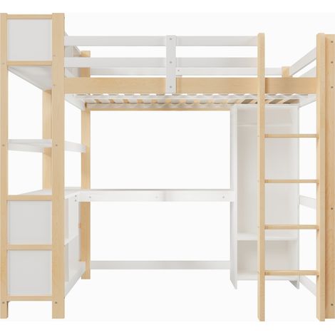 Hochbett 140x200 cm mit Schreibtisch, Regalen und Schrank, ohne Matratze, Natur (1/5)