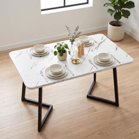 FurnitureR Marble Effect Dining Table with Black Iron Legs 60kg Capacity (1/5)