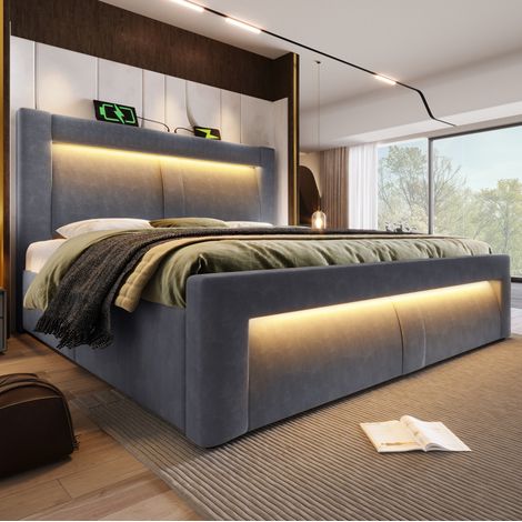 Bett Doppelbett Stauraum 180x200 LED Grau OKMYHOME (1/5)