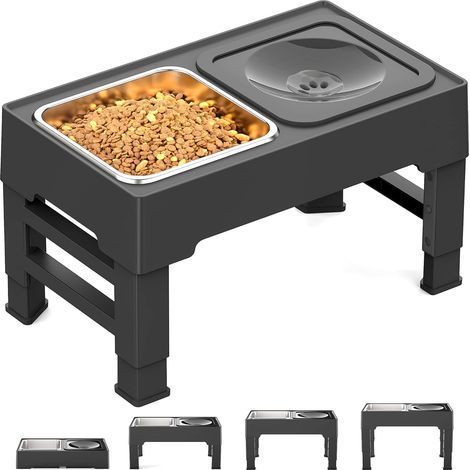 Gamelles Chiens Surélevées de 4 Hauteurs, Support Surélevé avec Gamelle de Nourriture Inoxydable de 1,6 L et Gamelle Eau Chien Anti-Éclaboussure de 1,1 L pour Chien de Taille Moyenne et Grande-Noir (1/5)