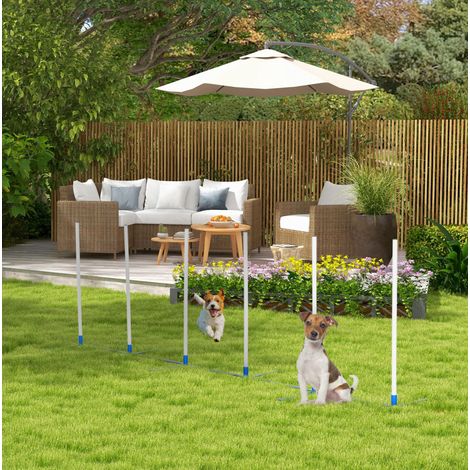 Kit de slalom d'agility pour chien avec sac 600D, 305 x 60 x 94 cm, plastique blanc et bleu OKWISH (1/5)