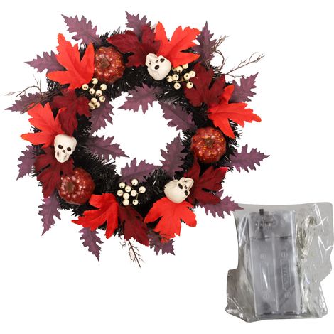 Couronne d'Halloween neuve avec crâne et feuille d'érable, citrouille factice en PVC noir, à suspendre à la porte avec lumière, diamètre environ 45 cm. Matériaux : anneau en fil de fer PVC + tissu de (1/3)
