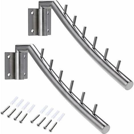Kleiderstange/Garderobe mit 2 Haken, Wandmontierte Kleiderstange aus Edelstahl, 180° schwenkbar, Maximale Belastung 30 kg, mit 6 Stangen zur Aufbewahrung von Kleidung, Halsketten usw.