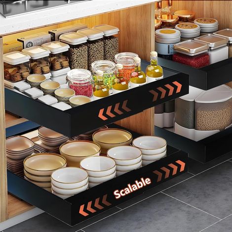 2 x Sliding Kitchen Drawer, Sliding Cabinet Organizer, Extendable and Storage Drawers, Kitchen Drawer Slider Adhesive, with High Railing (32 cm to 48 cm) (1/5)