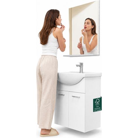 Mobile da Bagno Sospeso Completo Bianco Larghezza 55 cm Specchio e Rubinetteria (1/5)
