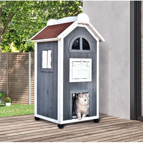 Maison pour chat 59x55x109 cm en bois gris, design moderne, intérieur/extérieur FloraGrace (1/5)