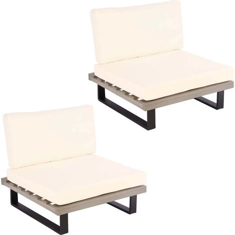 Lot de 2 fauteuils lounge de jardin en bois d’acacia et aluminium pour extérieurs avec coussins crème 040009393