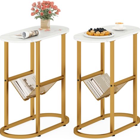 COSTWAY 2-Tier Oval End Table Narrow Side Table Set of 2 w/Magazine Holder-White