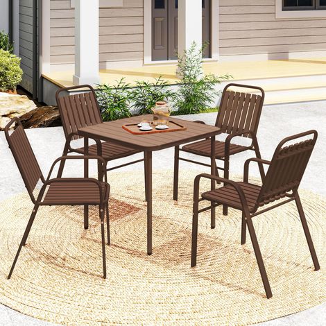 4er-Set stapelbare Gartenstühle mit hoher Rückenlehne und Armlehnen, aus Stahl und PP, 56 x 66 x 91 cm, Dunkelbraun