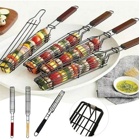 Mini panier à griller avec poignées en bois, rôtissoire antiadhésive pour poulet, légumes et fruits de mer, panier à kebab portable pour le camping, les pique-niques et les fêtes (1/5)