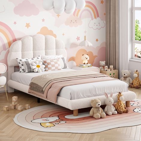 JOOKGBD‑Lit simple 90x200cm pour enfant en tissu Teddy bouclé blanc, tête de lit pétale rembourrée anti‑collision, sommier à lattes robuste, pieds en bois design mignon pour chambre d’enfant (1/5)