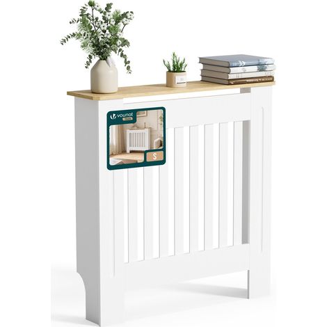 VOUNOT® Cubre Radiadores Cubierta de Radiador 78x19x82cm Cubreradiador de MDF con Lamas Verticales Estante Superior Blanco/Roble (1/5)