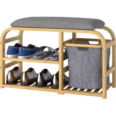 Schuhbank mit Sitzkissen, 2 Lattenrosten und ausziehbarem Stoffkorb, 70 x 30 x 45 cm, Naturholz (1/5)