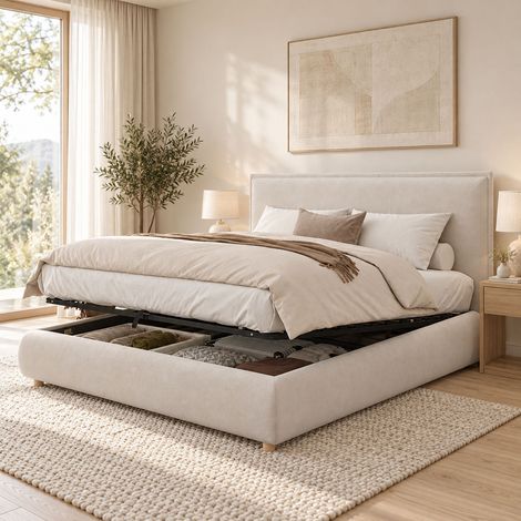 Lit Double Coffre 160x200 cm Hydraulique, Rangement, Tête de Lit Rembourrée, Sommier à Lattes, Pieds en Bois Massif, Velours Crème (1/5)