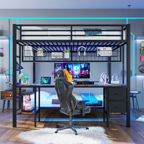 Lit mezzanine métal noir 140x200 / 90x200 avec bureau et tiroirs, sommier à lattes inclus, sans matelas