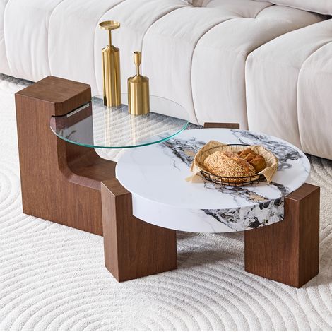 Set tavolino da salotto doppio separabile in MDF noce e vetro temperato 61 cm HAVRYA (1/5)