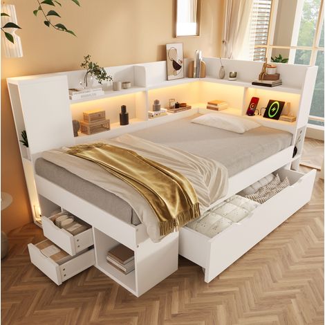 REDOM - Letto estraibile 90x190 cm con LED, porte USB e Type-C, vano contenitore, in legno, bianco (materasso non incluso) (1/5)