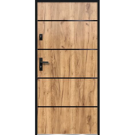 Porte d'entrée en acier pleine et inox H207 x L100 cm effet chêne - épaisseur 55 mm - poussant droit - NAXARA