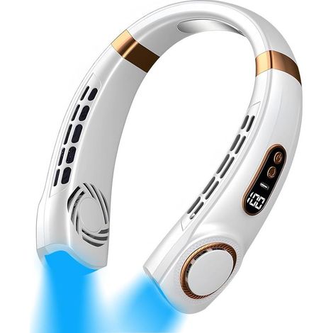 Ventilateur de cou portable à LED, 5 vitesses de ventilation réglables, rechargeable par USB, pour femme, camping, voyage, extérieur, blanc (1/5)
