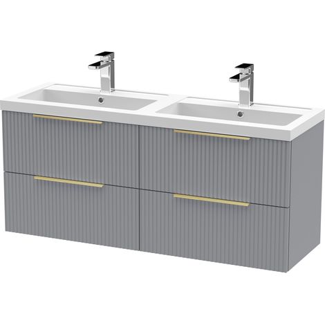 Fluted Front Wall Hung 4-Drawer Bathroom Vanity Unit with Double Basin, 1200mm, Satin Grey, Brushed Brass Handles