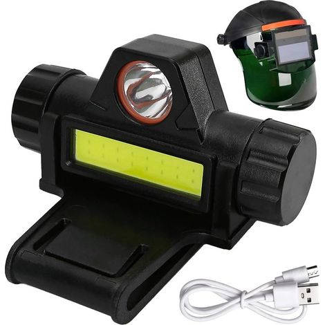 1 pezzo Lampada da testa per saldatura casco, fissaggio a cappuccio con supporto, cavo, batteria ricaricabile, LED ad intensità variabile (1/5)