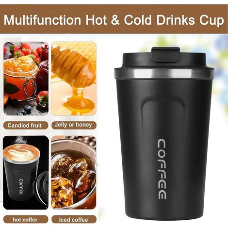Tazza termica isolante in acciaio inox da 380 ml, portatile, nera, ideale per caffè o tè. (1/4)