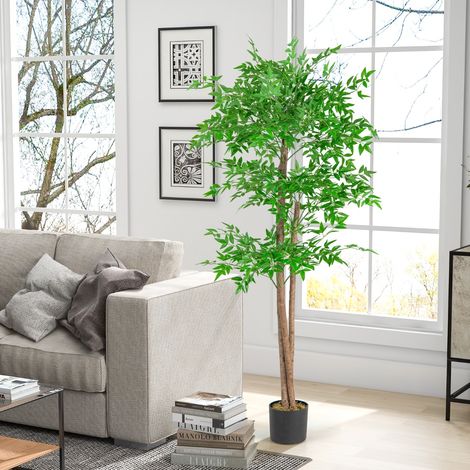 Plante Artificielle de 150cm Imitation Bambou avec 1020 Feuilles Tronc en Bois Naturel Mousse Séchée Réaliste Pot de Pépinière (1/3)