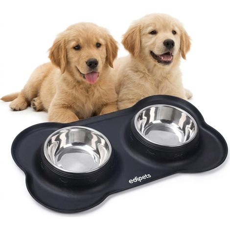Gamelle Chat Chien, Double Bol en Acier Inoxydable, Antiderapante, avec Tapis en Silicone Anti-Débordement (480, Noir)