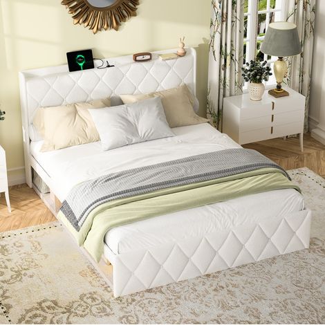 Cama doble de tela Teddy blanca de 160x200 cm, cabecero tapizado con USB e iluminación LED. (1/5)