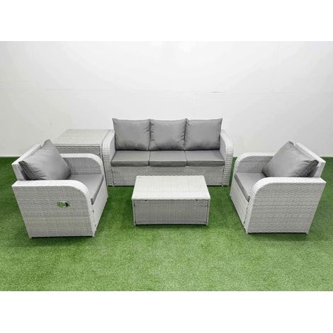Fimous PE Rattan Garden Furniture Set Reclining Chair Sofa Lounge Sofa Set Oblong Coffee Table Side Table Light Grey (1/4)