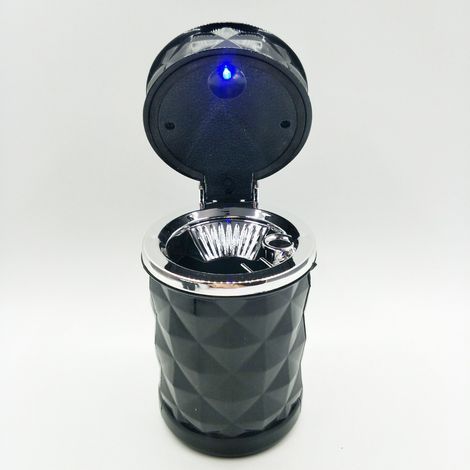 Schwarzer Autoaschenbecher mit LED-Beleuchtung, Diamant-Finish im Innenraum, phosphoreszierende Oberfläche, großer Lüftungsschlitz. (1/5)