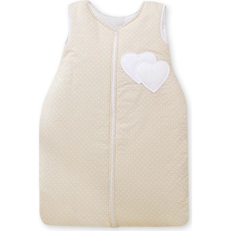 Saco de dormir de algodón para niños de 6 a 12 meses, TOG 2.5, aislante para todo el año, con corazones y puntos sobre fondo beige. (1/4)