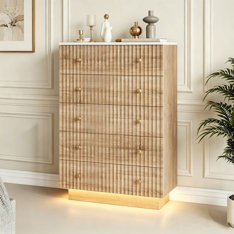 Commode 5 tiroirs avec Éclairage LED 3 Couleurs, meuble de rangement 73 x 40 x 111 cm, dispositif anti-basculement, style bois naturel (1/5)