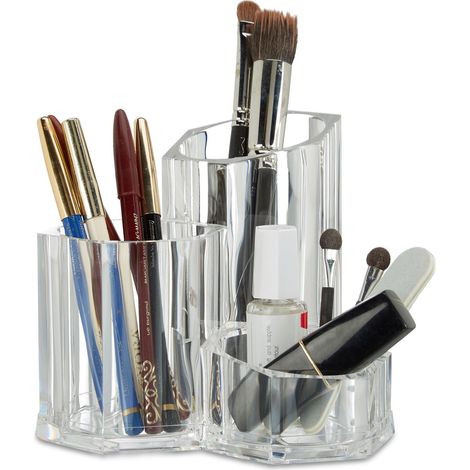 Relaxdays 3-PC Brush Holder, Organizer for Cosmetic Brushes and Makeup Accessories, Small Acrylic Pen Cups, Transparent