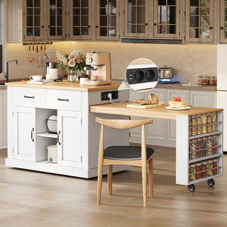 Îlot de cuisine mobile, desserte de cuisine avec table à manger extensible, table de bar escamotable, 7 roues, étagères de rangement, étagères réglables, 132 (235) x 60 x 93 cm (1/5)