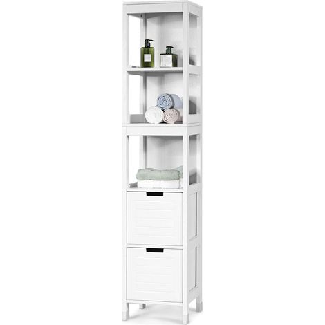 COSTWAY Hochschrank mit 2 Schubladen, Badhochschrank Badezimmerhochschrank Badschrank, Badezimmerschrank Holz, weiss (1/5)