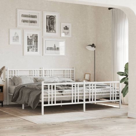 Cadre de lit métal blanc avec tête et pied de lit, pour matelas 183 x 213 cm, sans matelas - PANGIVO (1/5)