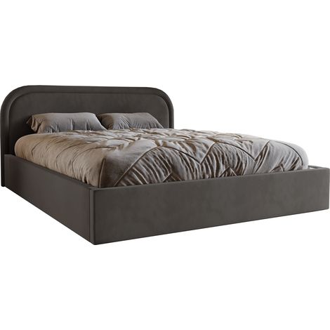 Emporius Lit avec tête de lit arrondie 180x200 Dune, coffre, sommier - tissu velours, gris foncé (1/5)