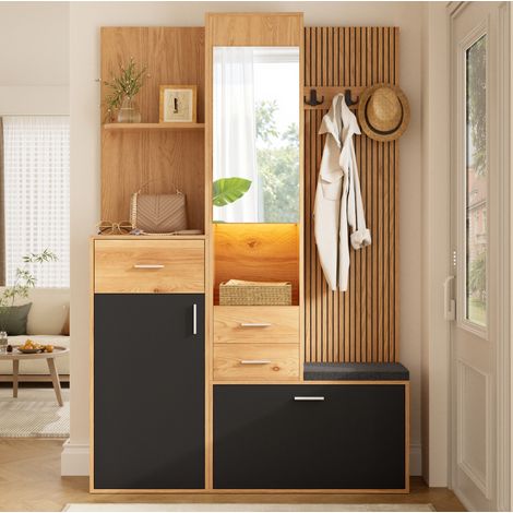 Meuble chaussures d’entrée avec penderie, miroir, banc et LED, noir et naturel OKMYHOME (1/5)