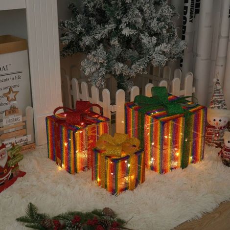 Juego de 3 cajas de regalo navideñas iluminadas, adornos navideños para interior/exterior, cajas de regalo con luces LED, adornos para árbol de Navidad D-Crezuo