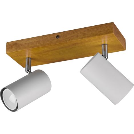 Plafonnier spot spot plafonnier spot salon, métal blanc bois mat, 2 spots flamme mobile, 2x douilles Gu10, LxHxP 26x16x9 cm